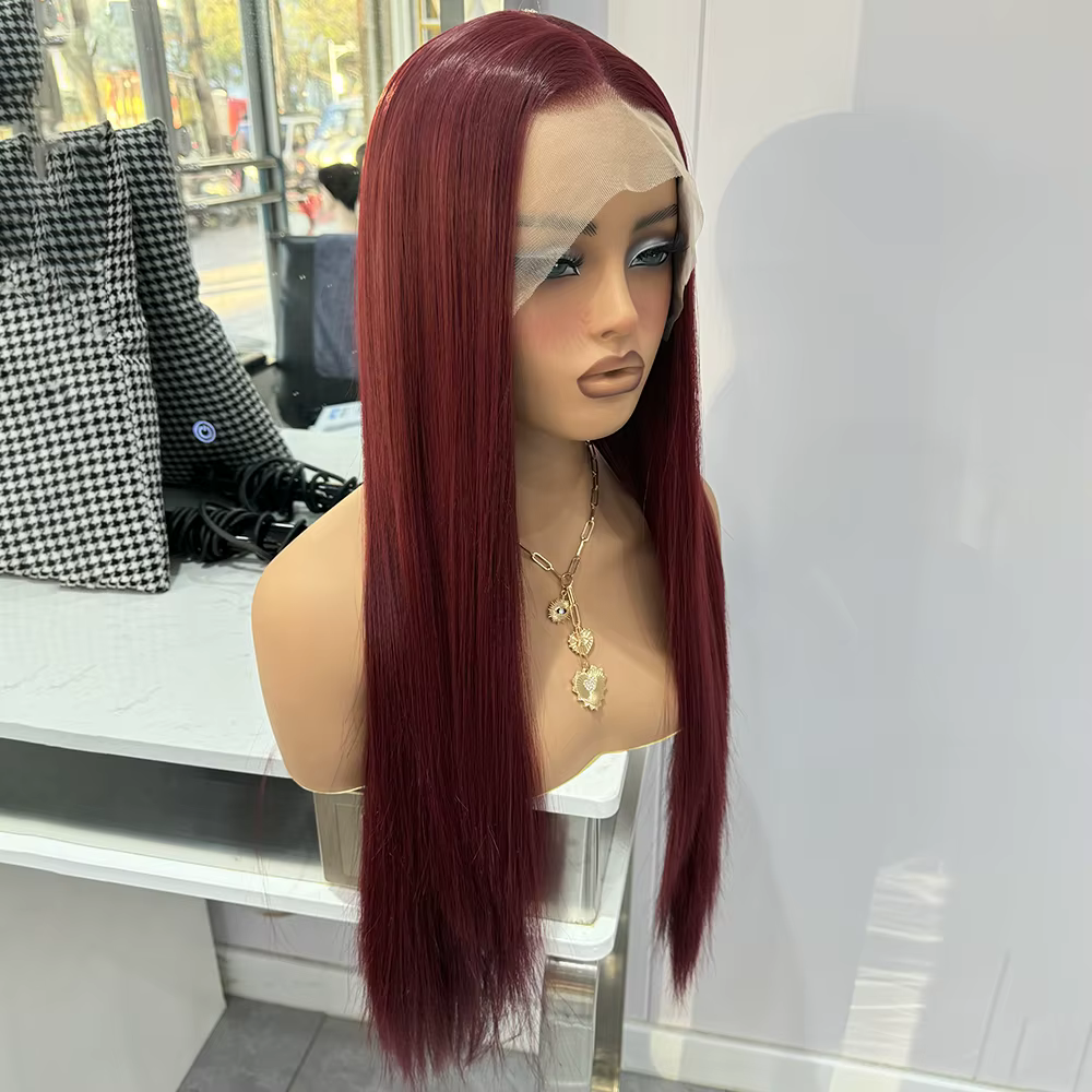Perruque Synthétique Lisse Rouge Vin pour Femme