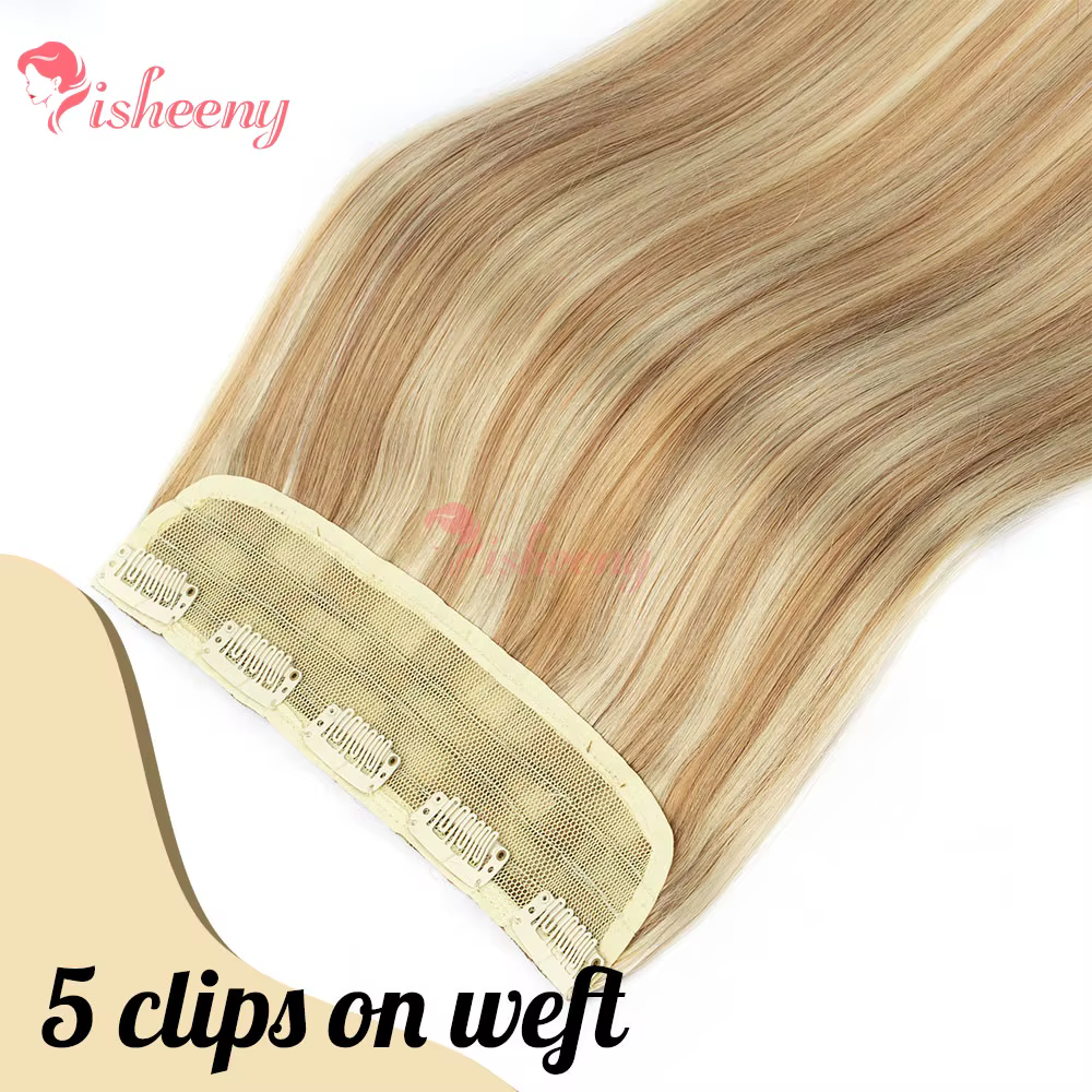 Extensions de cheveux naturels à clipser, une seule pièce, 14-22 pouces, blondes avec mèches, 5 clips sur trame de cheveux, légères