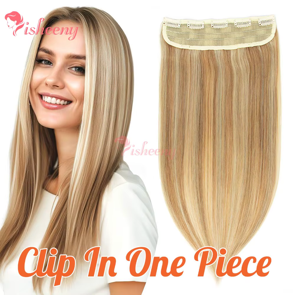 Extensions de cheveux naturels à clipser, une seule pièce, 14-22 pouces, blondes avec mèches, 5 clips sur trame de cheveux, légères