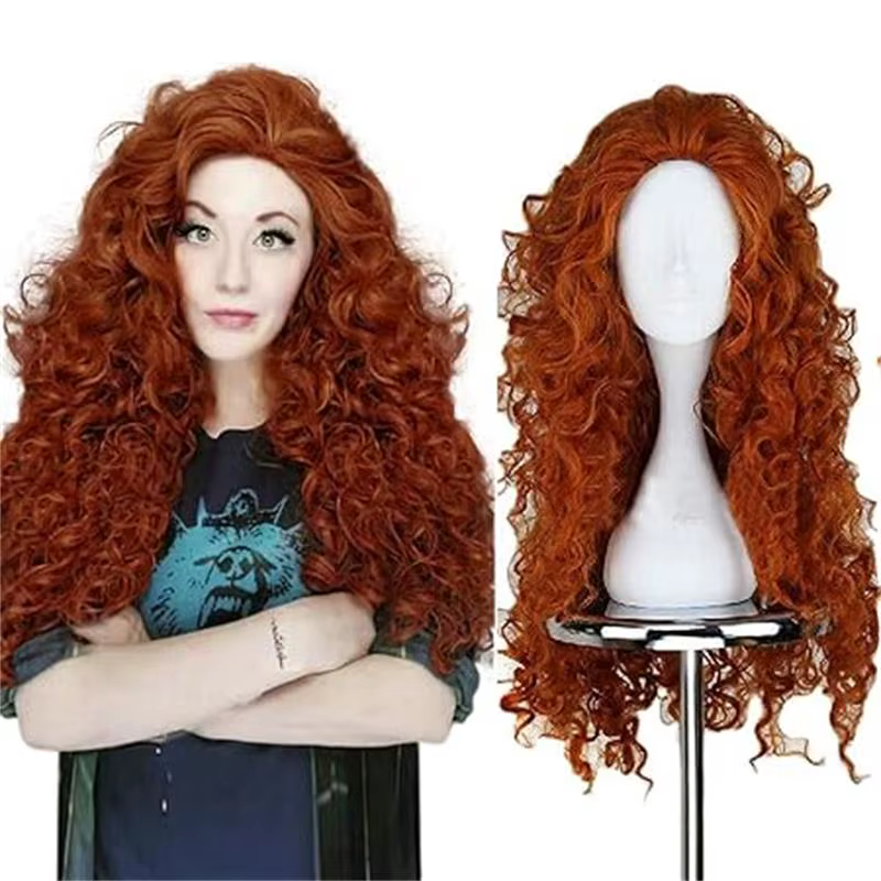 Perruque synthétique longue bouclée rouge marron