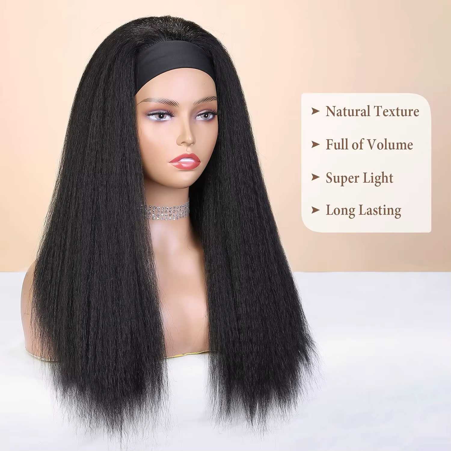 Perruque synthétique Yaki lisse et crépue pour femmes, perruque avec bandeau noir, facile à coiffer, sans dentelle frontale, sans colle