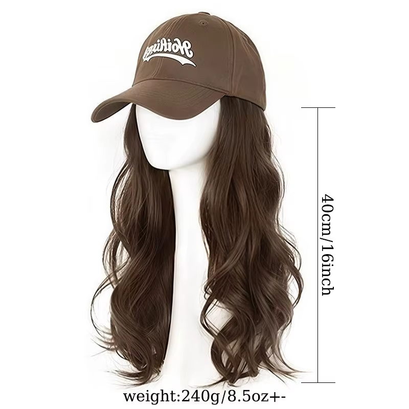 Perruque synthétique ondulée avec casquette de baseball marron et longs cheveux ondulés