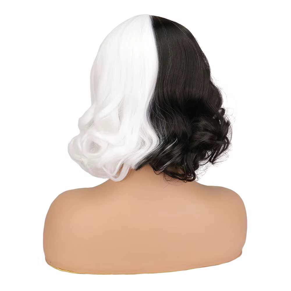 CRUELLA de Vil Cosplay perruque courte bouclée moitié noir