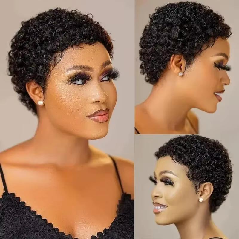 Perruques courtes afro bouclées crépues 100% cheveux humains pour femmes