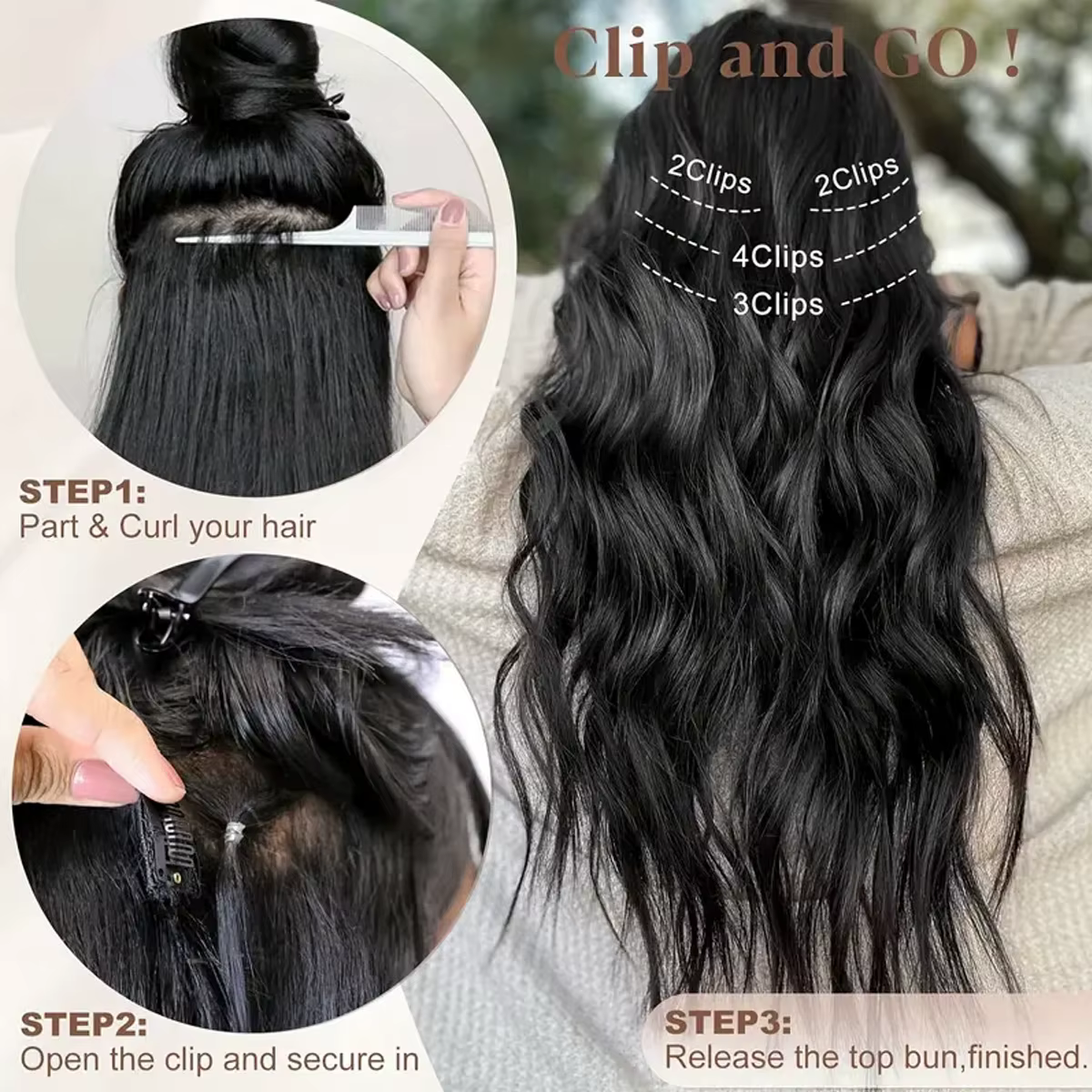 Extension capillaire synthétique longue bouclée noire résistante à la chaleur, 20 pouces, 5 pièces/ensemble, postiche pour femmes 