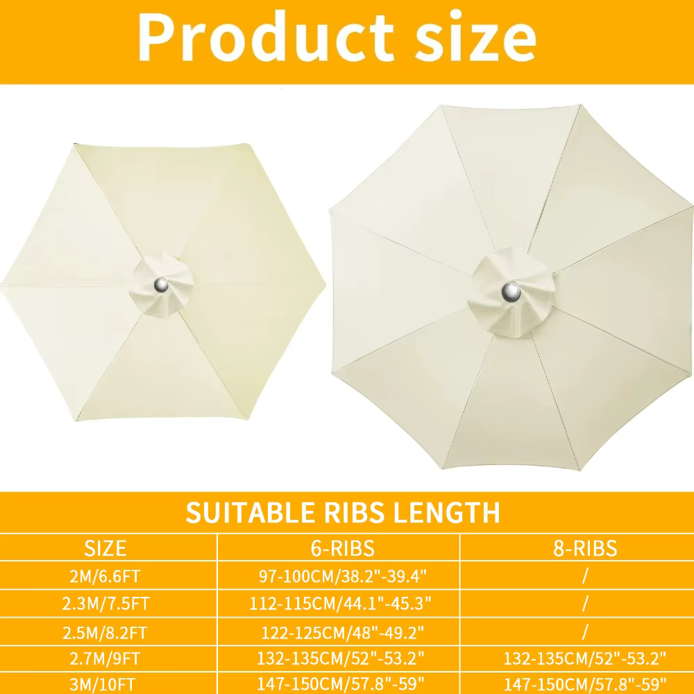 Parasol remplaçable, tissu supérieur pour jardin, Patio, auvent, couverture de parapluie, imperméable, 2/2, 5/2, 7/3m, pour 6 nervures/8 nervures