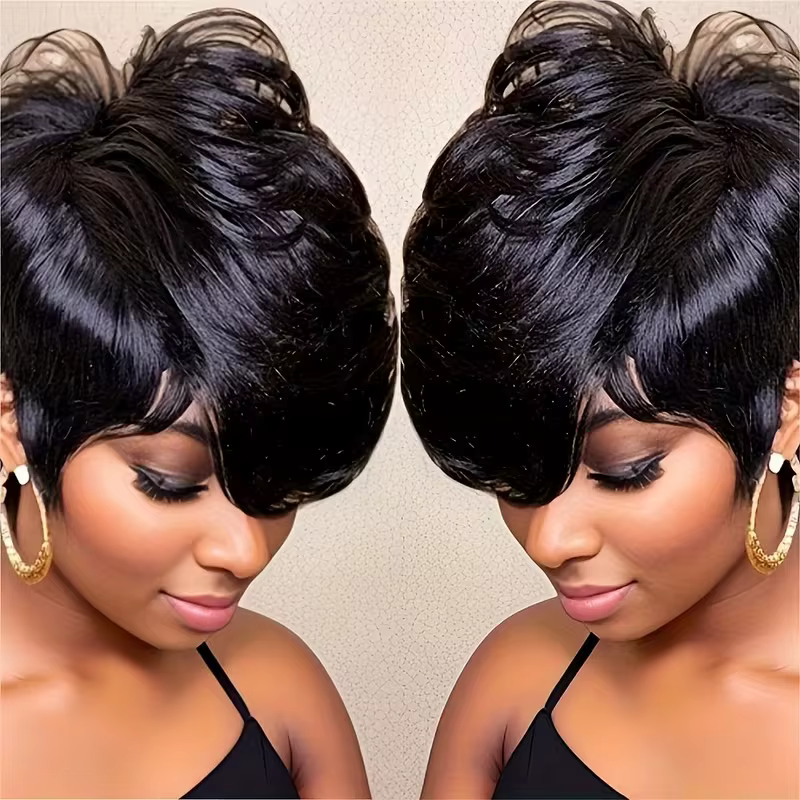 Perruque coupe lutin de cheveux humains sans colle de 6 pouces pour femmes avec longue frange Swoopy - Perruques superposées droites de densité 180%