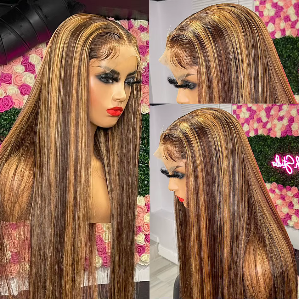 Perruque Lace Front Wig brésilienne naturelle, cheveux lisses, blond miel, 13x6, à reflets, pour femmes