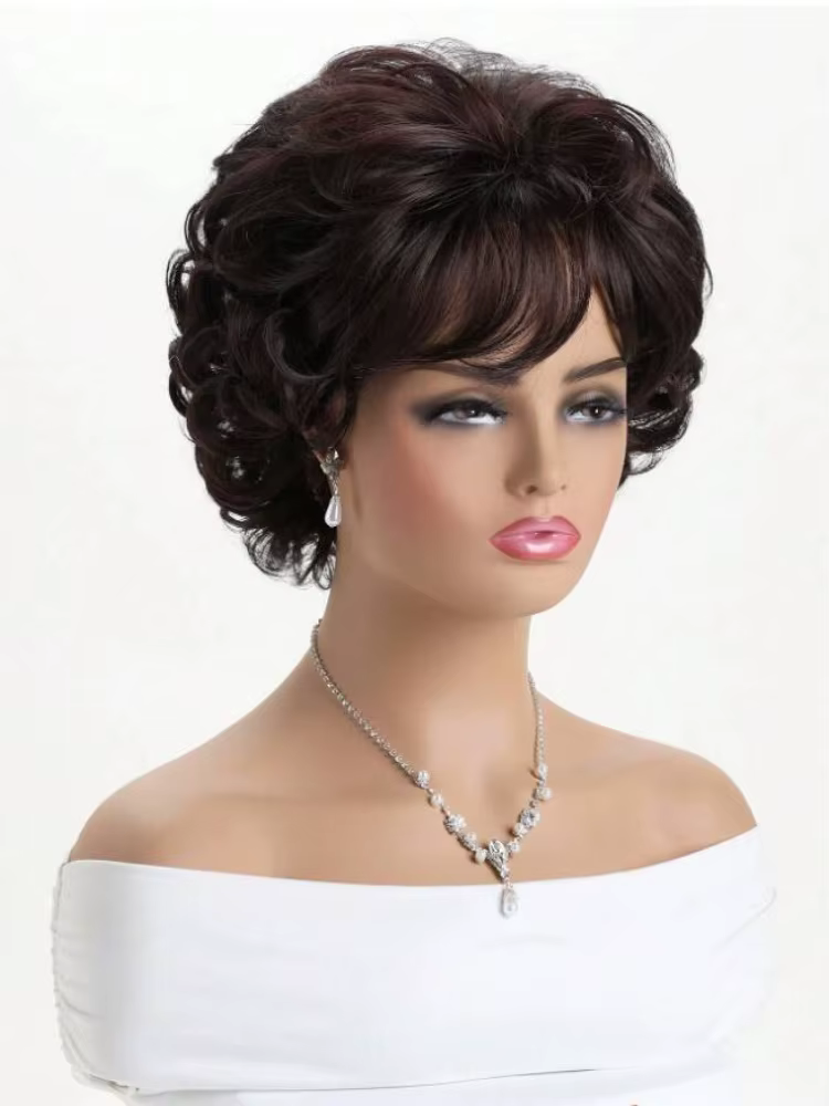 Perruque ondulée courte bouclée marron foncé avec frange de cheveux 100% perruques