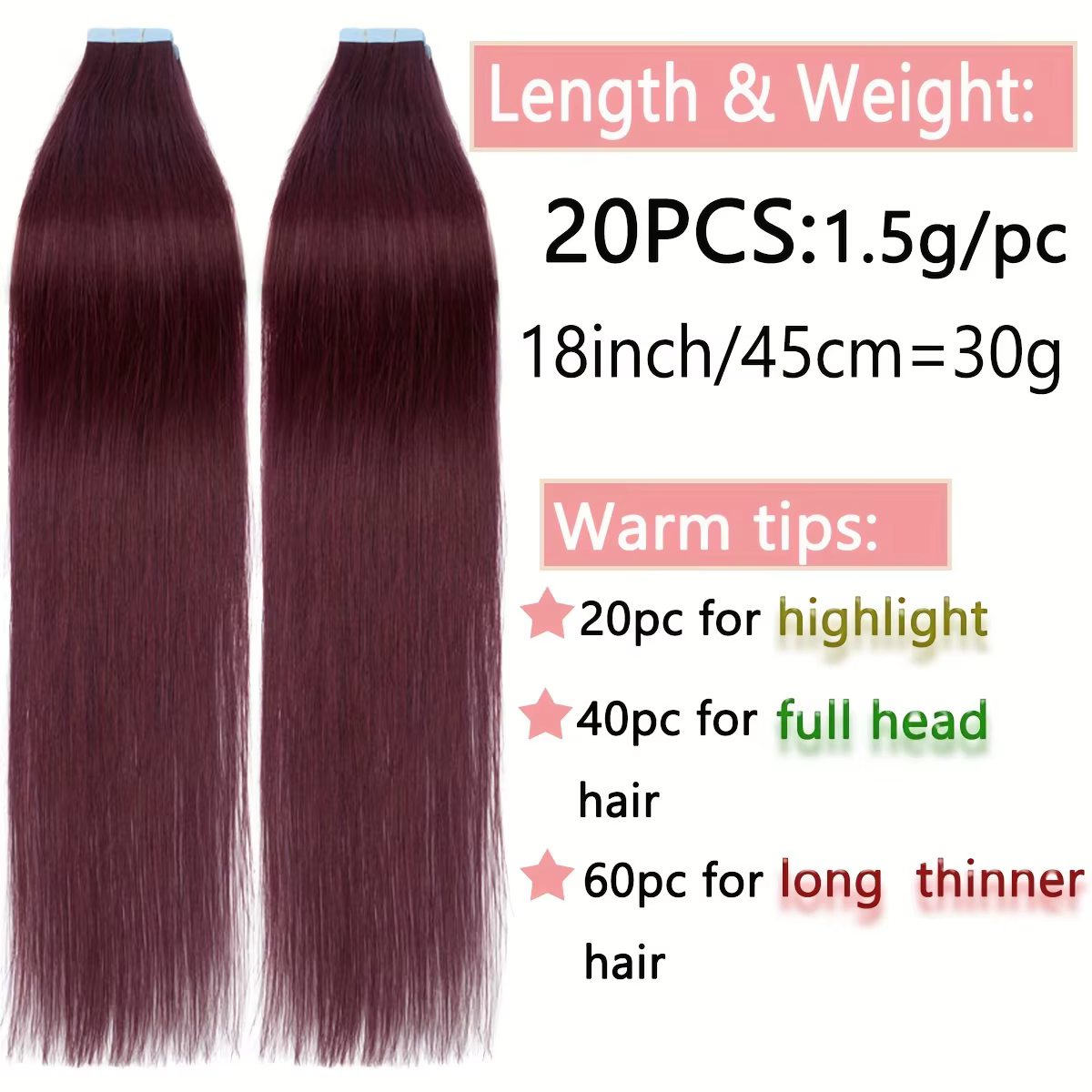 Extension de cheveux à bande Remy rouge vin, colle Double face 12-22 pouces, 20 pièces/paquet pour Extensions de cheveux fins