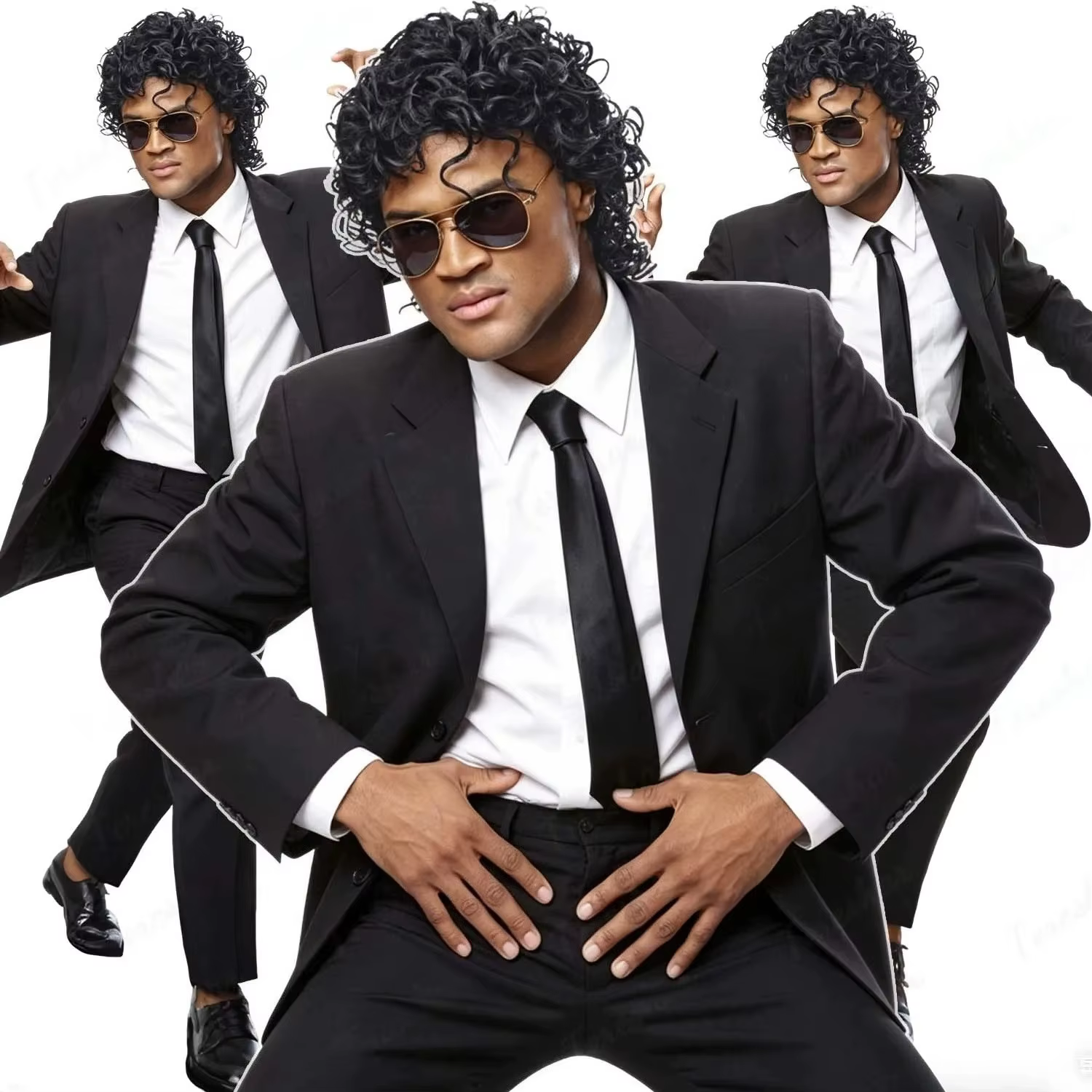 Perruque courte noire bouclée style rocker disco pour hommes avec lunettes