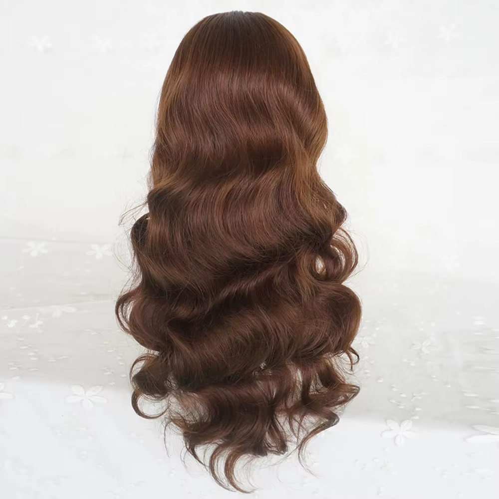 Perruque synthétique longue bouclée ondulée châtain brun avec frange pour femme, style gothique Lolita et usage quotidien, cheveux artificiels réalistes