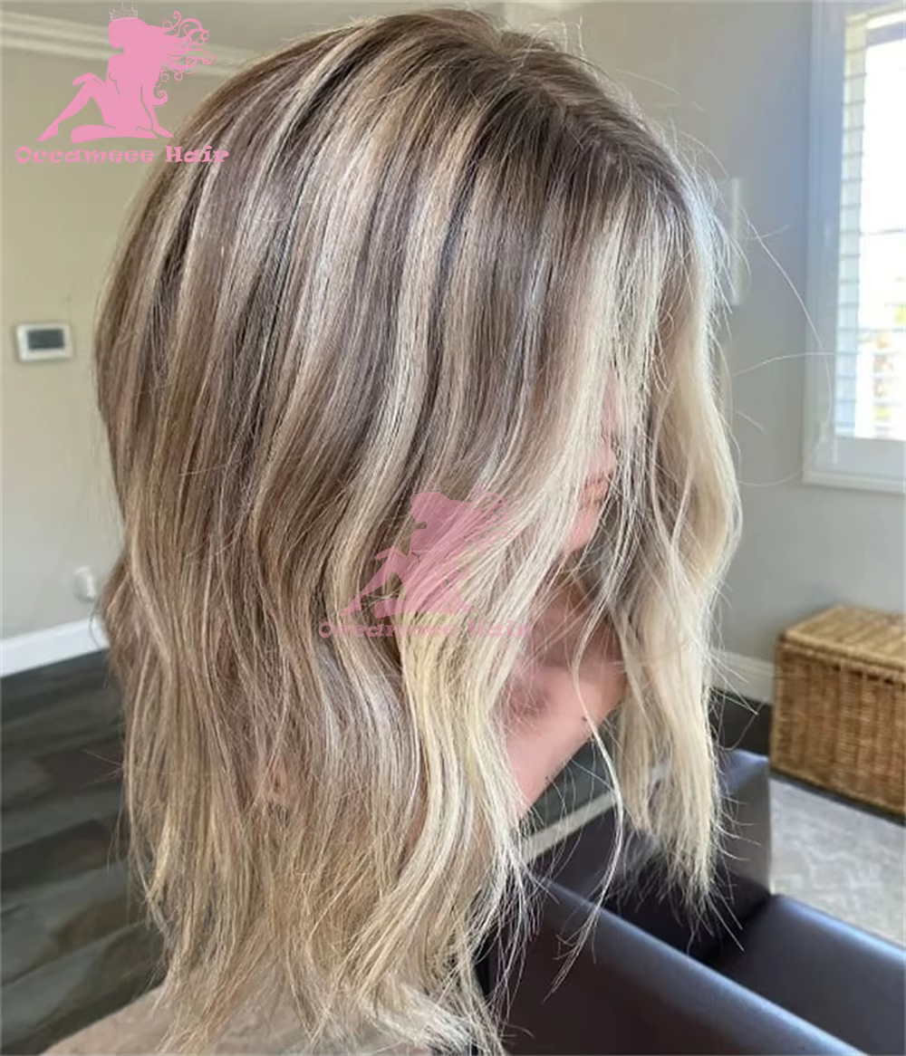 Perruque frontale en dentelle de cheveux humains Ombre Blonde met en évidence la vague naturelle avec des racines