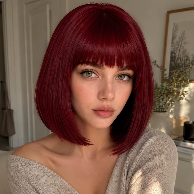 Perruque bob bordeaux, 12 pouces, franges soignées, extrémités lisses et droites, perruque synthétique courte pour femmes, pour un style quotidien.