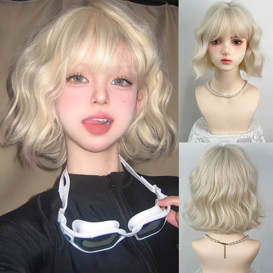 Perruque synthétique Lolita cheveux courts bouclés 12 pouces