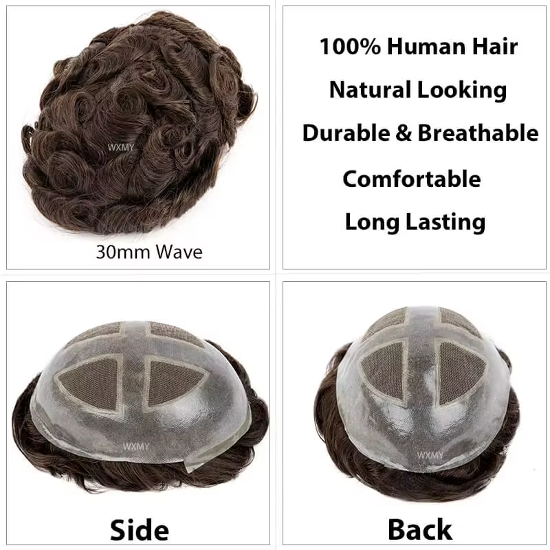 Toupet pour hommes croisé sur PU | Base de peau et dentelle + cadre en PU cheveux humains