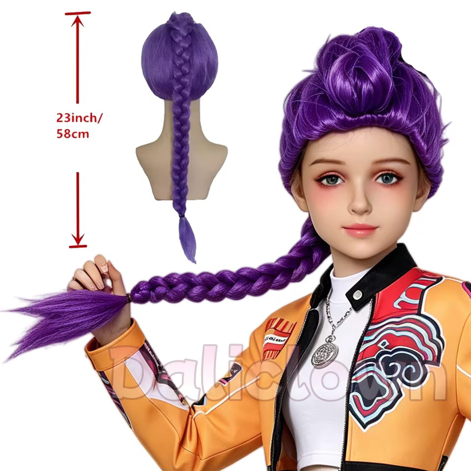 Perruque longue tressée violette avec queue de cheval latérale pour enfants