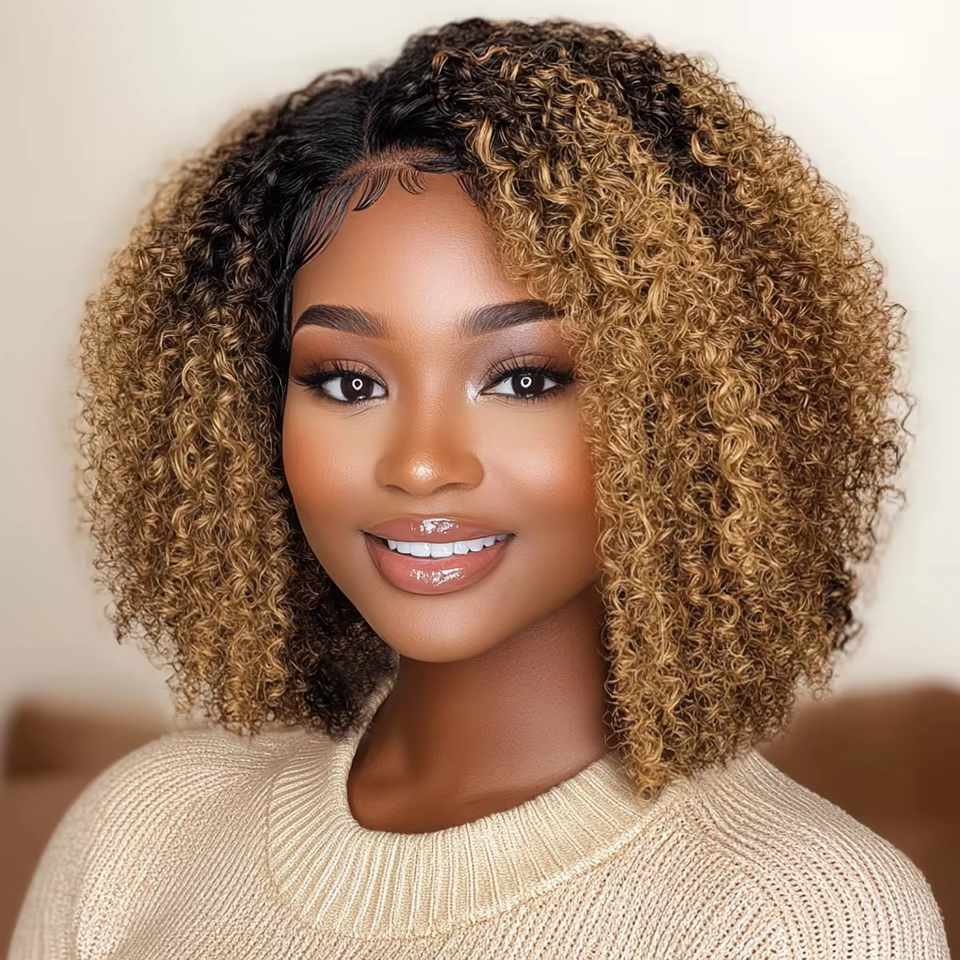 Perruque Bob Cheveux Humains Bouclés Crépus Ombré Brun 13x5x1 T Lace Frontal Densité 180% 10 Pouces Pré-Pluckée Sans Colle Noir Naturel pour Femmes