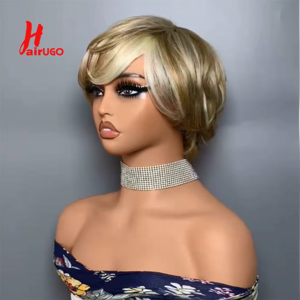 Hairugo-Perruques de cheveux humains droites avec frange