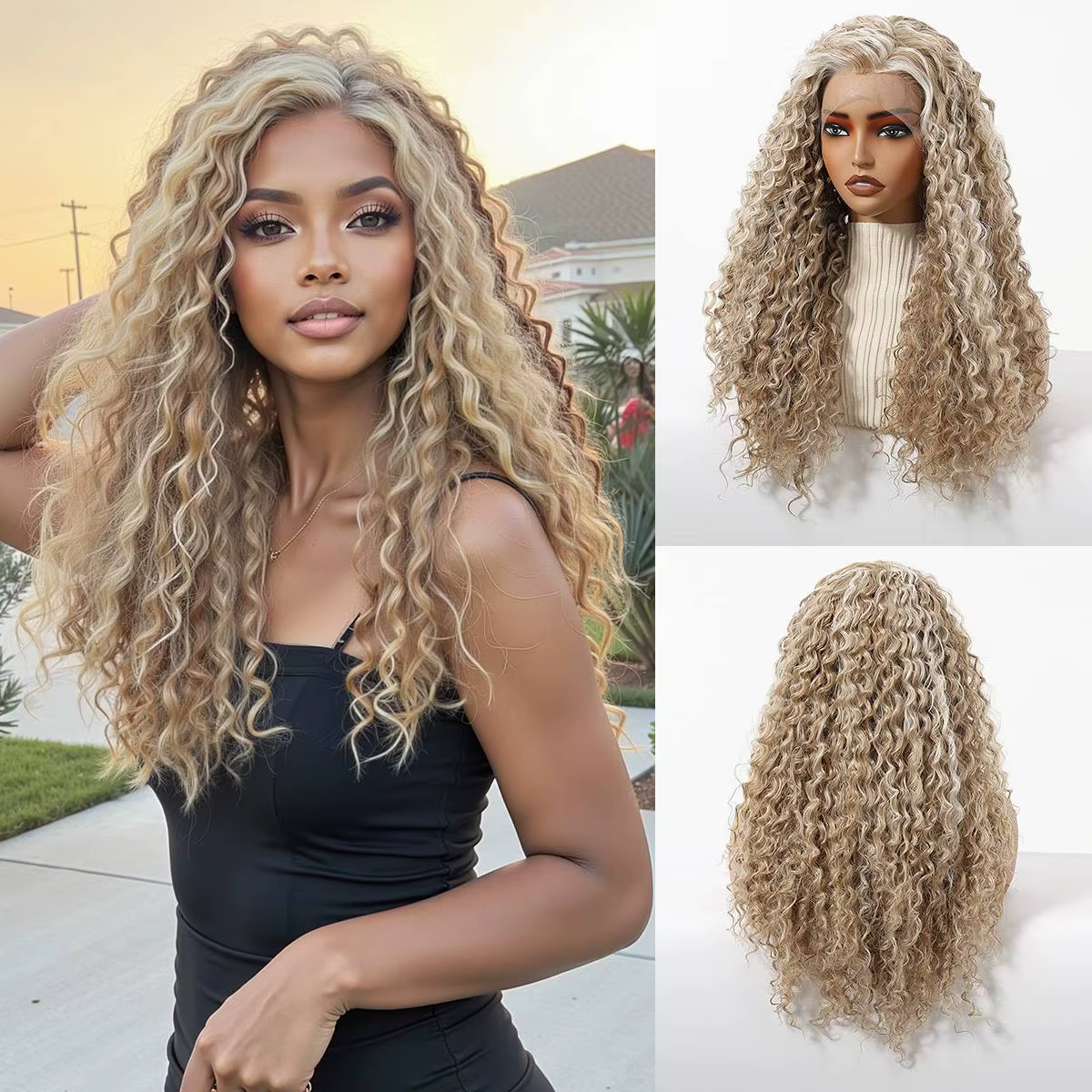 Perruque Lace Front Blonde Topshe HD 13x3.5 Cheveux Synthétiques Bouclés Profonds