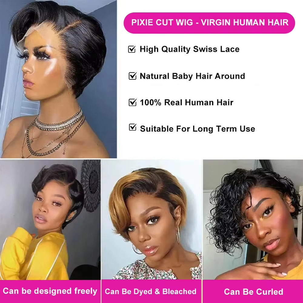 Perruque courte coupe pixie en cheveux humains, perruque bob transparente 13x4 avec partie en dentelle, perruque brésilienne 100% cheveux humains pour femmes
