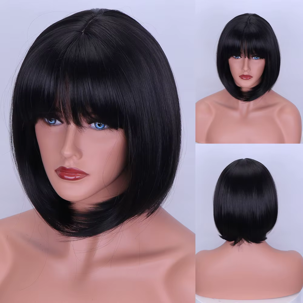 Perruque de cosplay synthétique courte et droite pour femme