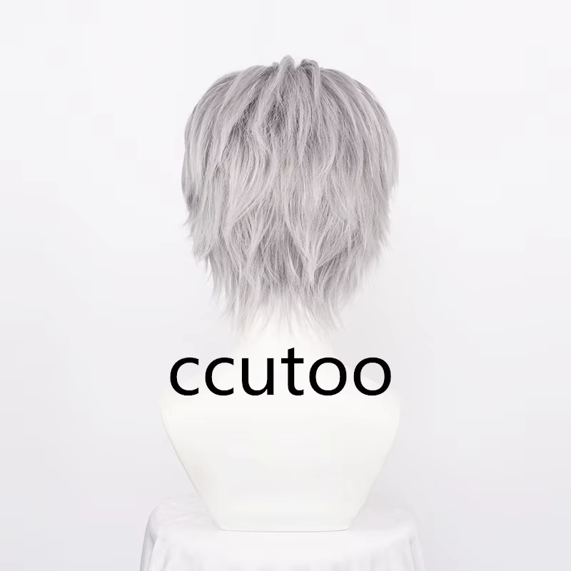 Perruque de Cosplay synthétique Vergil pour hommes, cheveux courts gris argenté, lisses au dos, résistants à la chaleur + bonnet de perruque