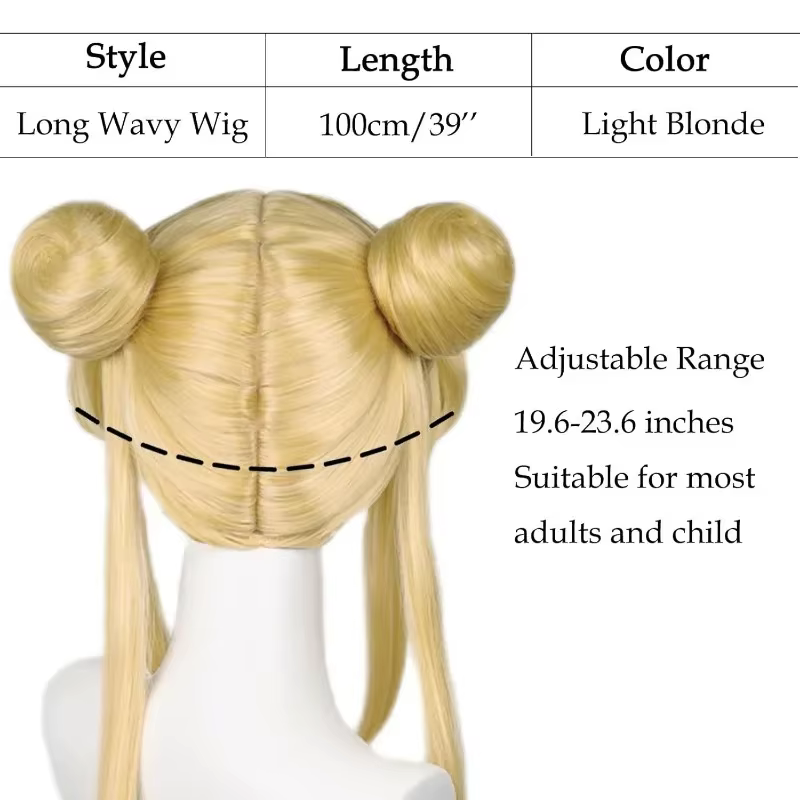Sailor Moon Tsukino Usagi Perruque longue bouclée blonde queue de cheval avec 2 queues de pong avec bonnet