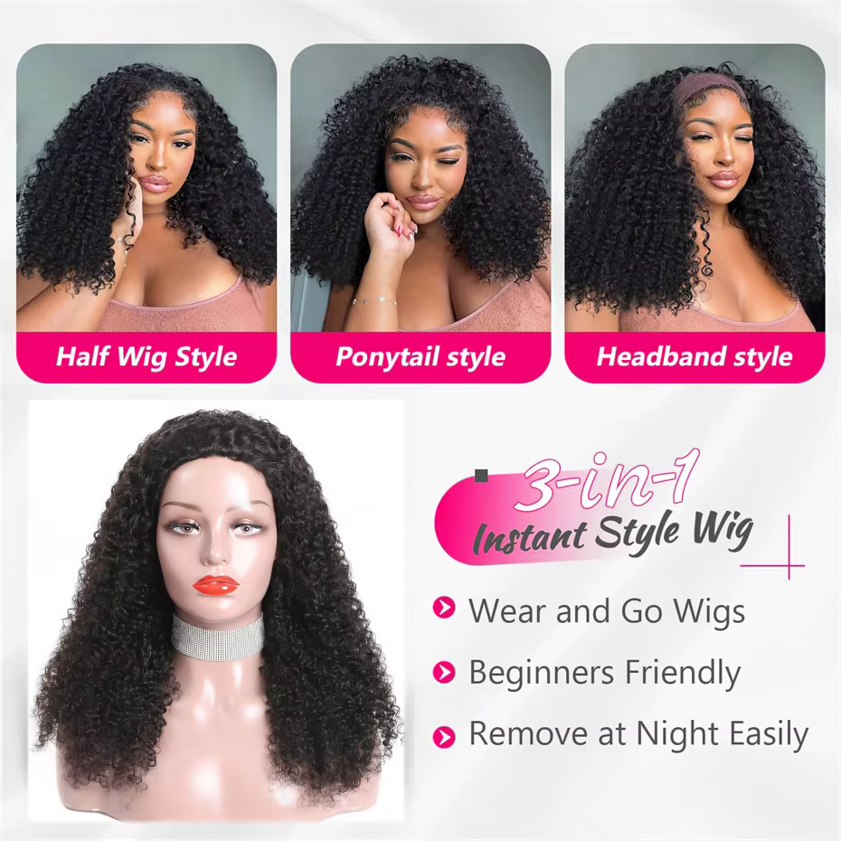 Perruque mi-tête bouclée crépue en cheveux humains pour femmes