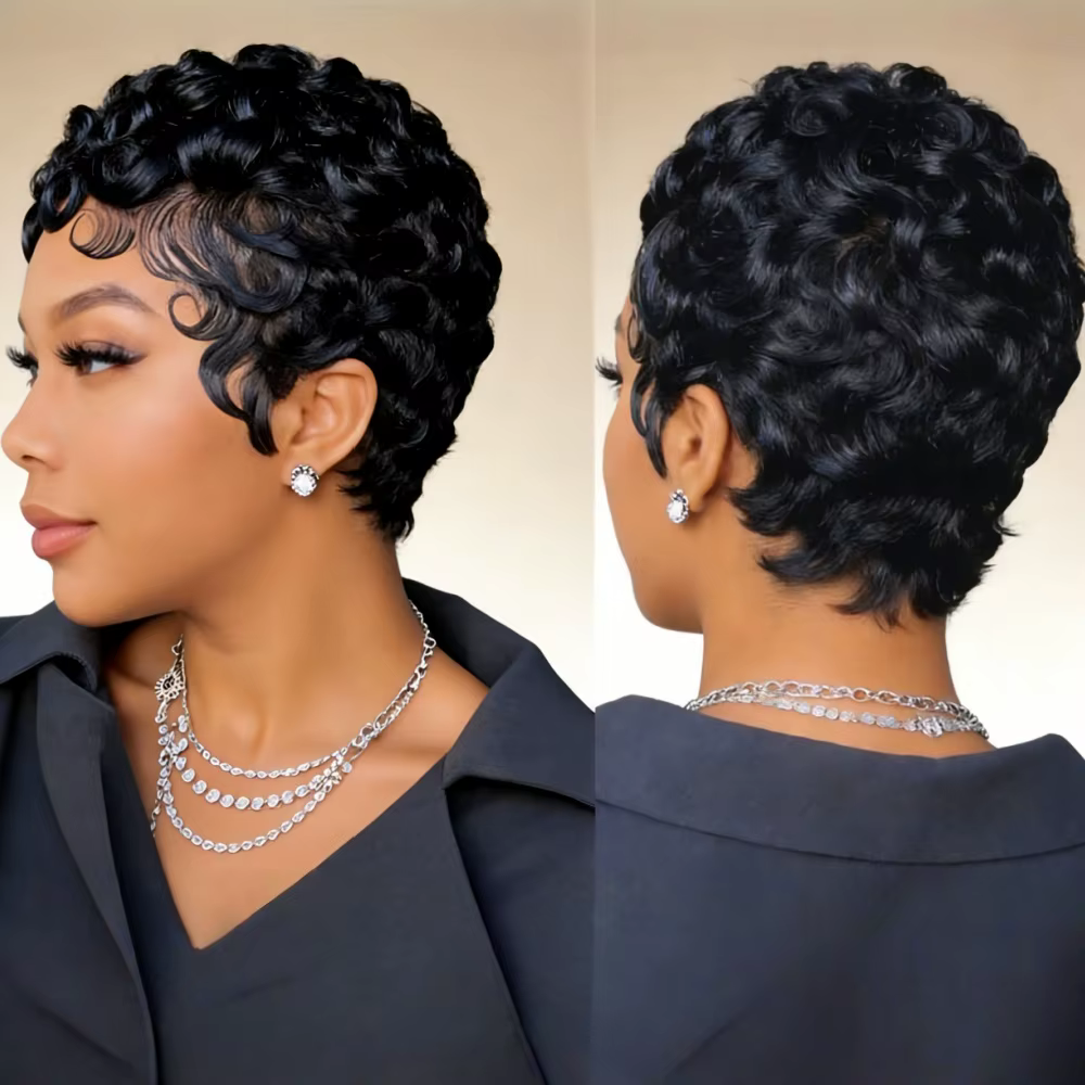 Perruque ondulée courte en cheveux humains Remy de 6 pouces avec frange