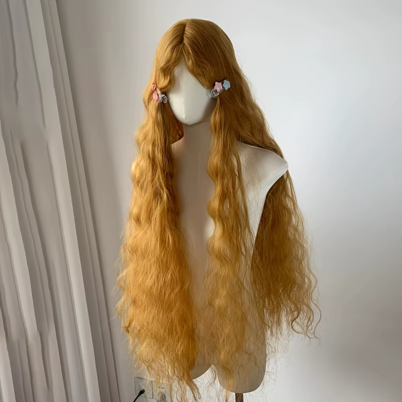 Perruque synthétique à mécanisme de rouleau de laine moelleuse jaune doré | Couverture de cheveux super longs Lolita