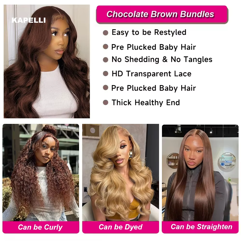 Extensions de Cheveux Humains Ondulés Bruns avec Closure 4x4/13x4