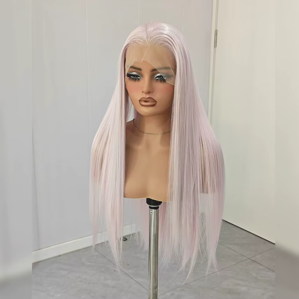 Perruque synthétique droite gris rose pour femme
