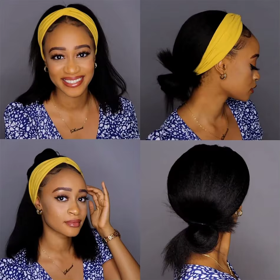 Crépus droite courte Bob bandeau perruque pour femmes brésilien Remy 100% cheveux humains 250% pas cher pleine Machine