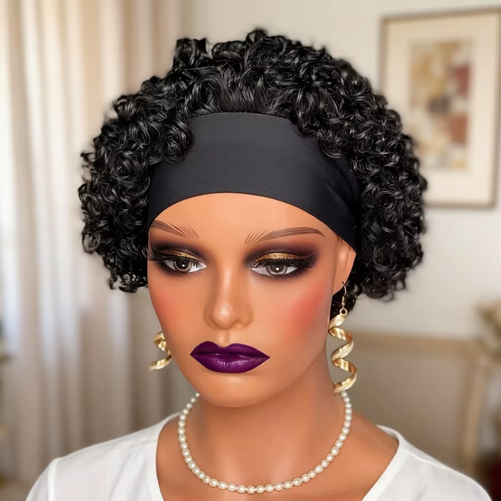 Perruque bouclée avec bandeau en cheveux humains pour femmes
