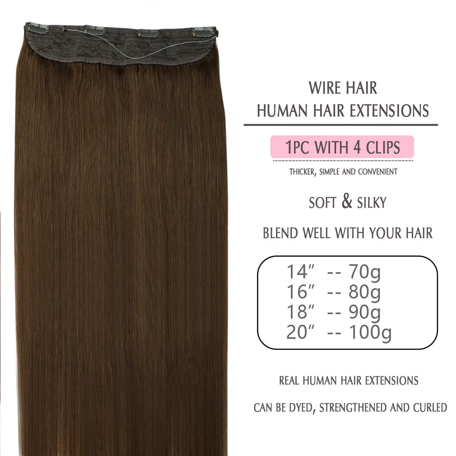 Extensions de cheveux 100% naturels, type fil de pêche, avec bande ajustable et clips discrets, extensions Remy pour femmes, couleur brun chocolat