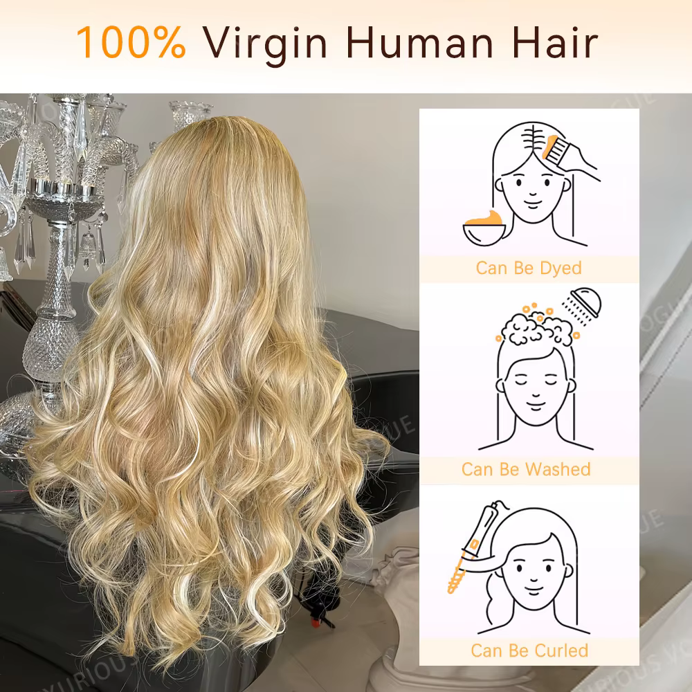 LUX VOGUE Misty Moon doré 100% perruque de cheveux humains blond cendré vagues plage flexibilité de séparation ligne