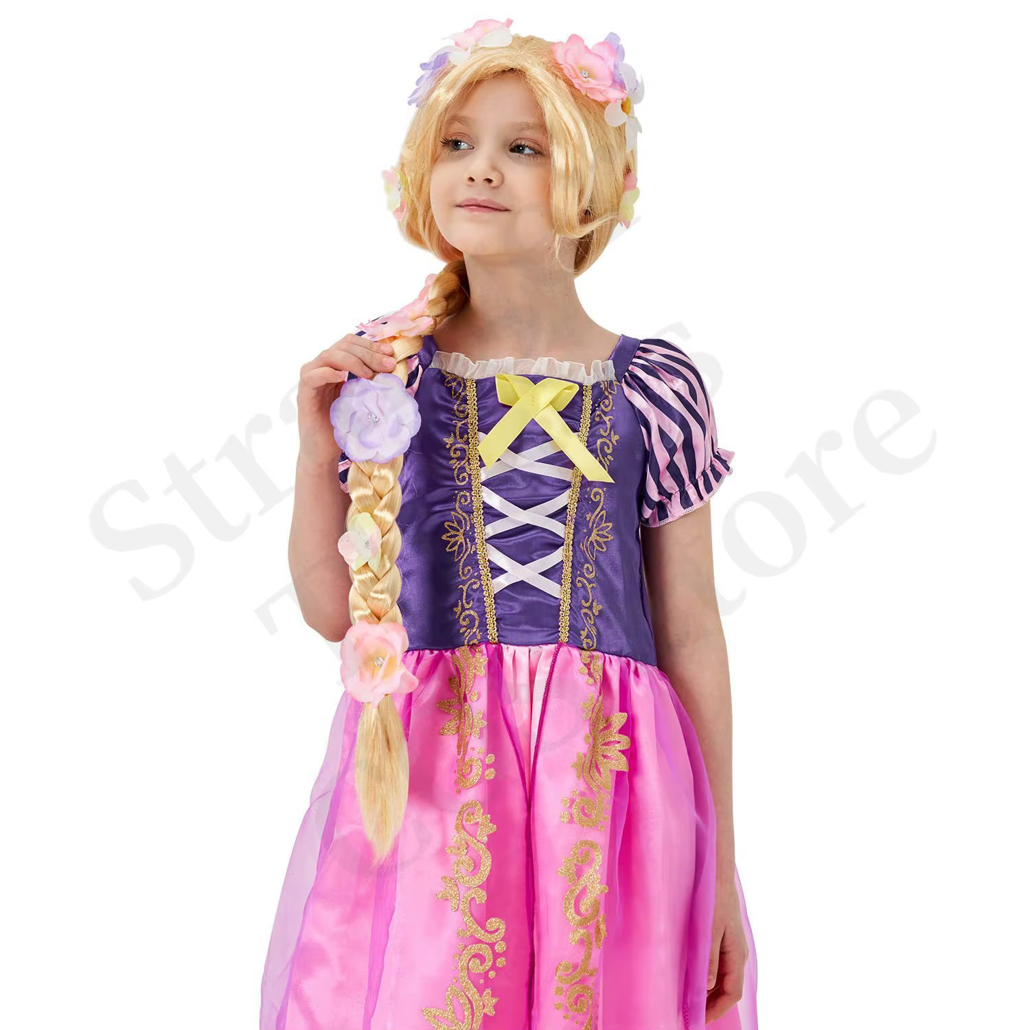 Perruque de princesse Raiponce super longue avec fleurs - Perruques synthétiques blondes tressées pour filles pour
