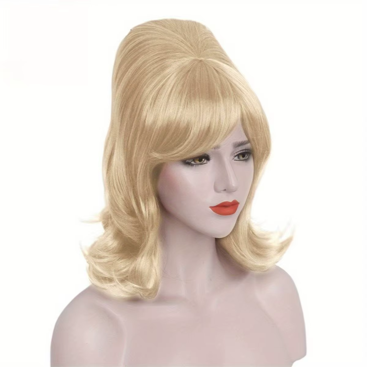 Perruque synthétique mi-longue ondulée blonde claire style rétro années 60 avec frange pour femme