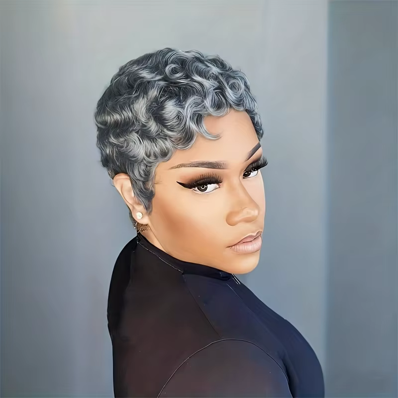 Perruque de cheveux humains 6 pouces gris naturel avec boucles lâches densité 180 %