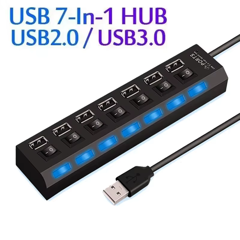 Hub USB 7 ports avec adaptateur secteur et interrupteur LED pour PC et ordinateurs portables