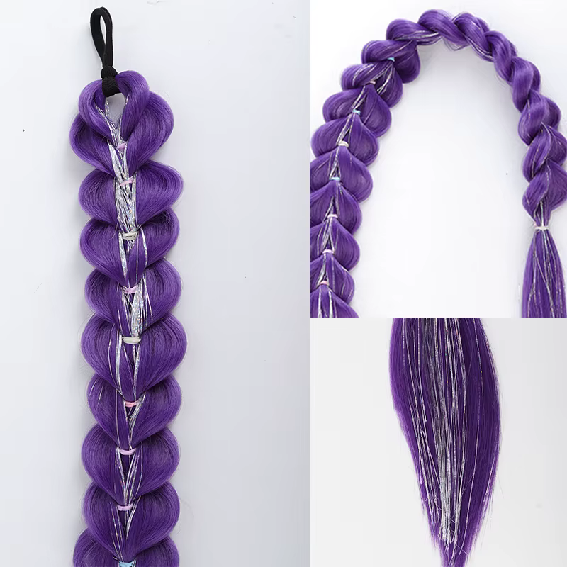 32 pouces tressé violet cheveux queue de cheval avec guirlandes perruque Super longues Extensions brillant