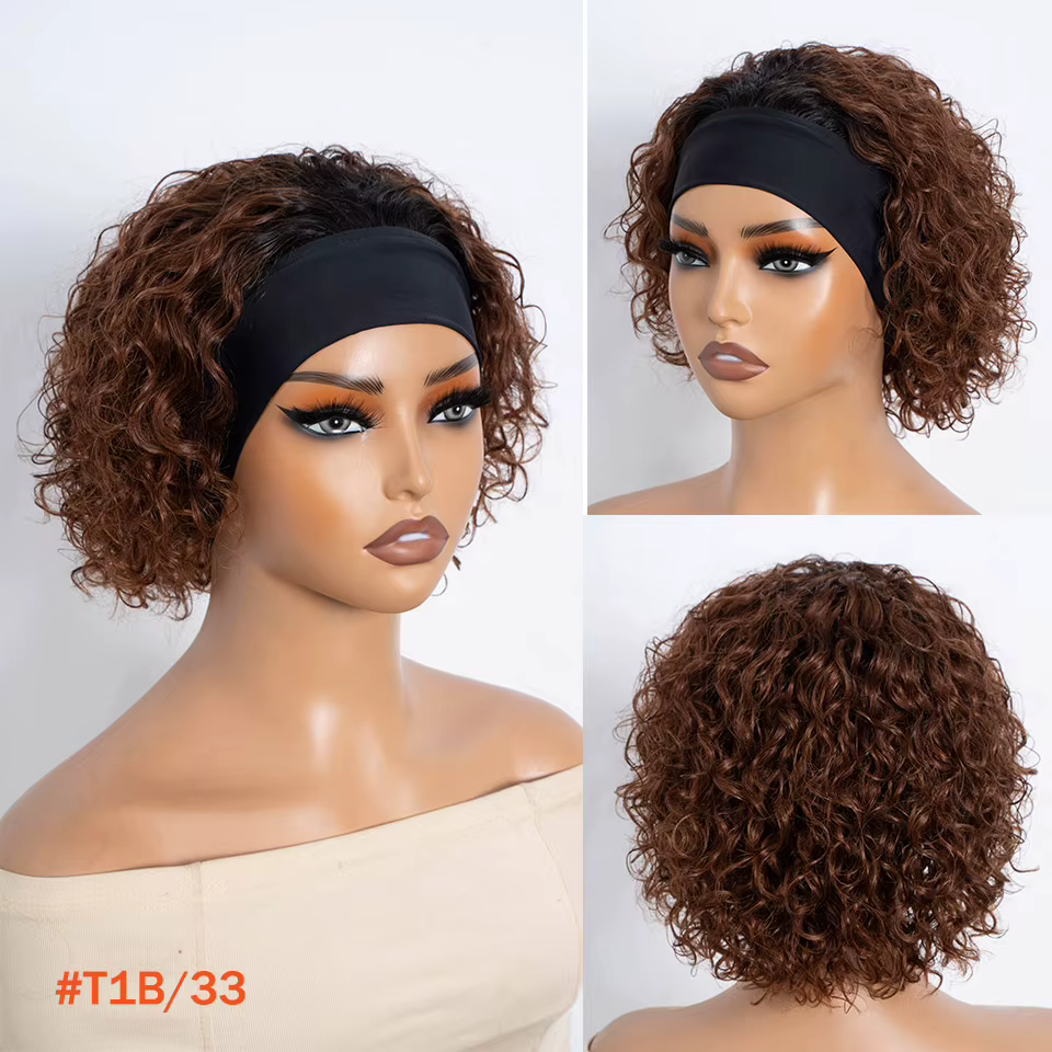 Perruque bandeau en cheveux humains bouclés, perruques brunes à enfiler, perruques bandeau sans colle avec bande élastique, coupe pixie, perruques bouclées en cheveux humains