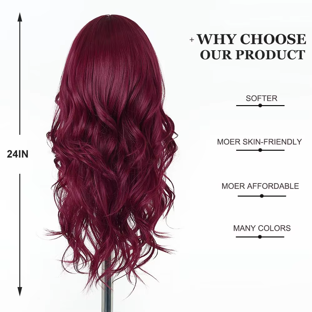 Perruque synthétique couleur vin rouge avec grandes boucles pour fête