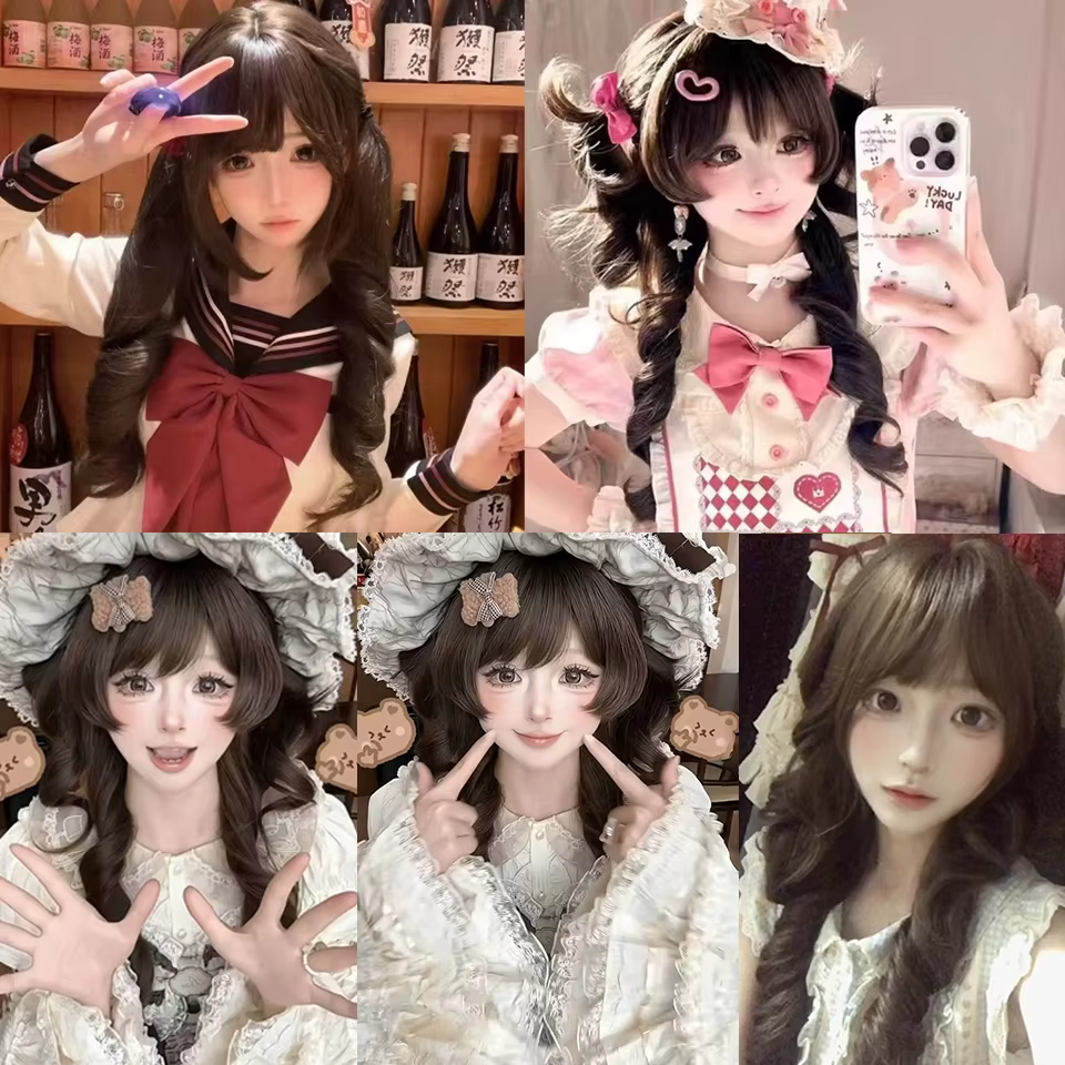 Perruque Lolita avec frange tête de méduse cheveux longs bouclés Fibers haute température