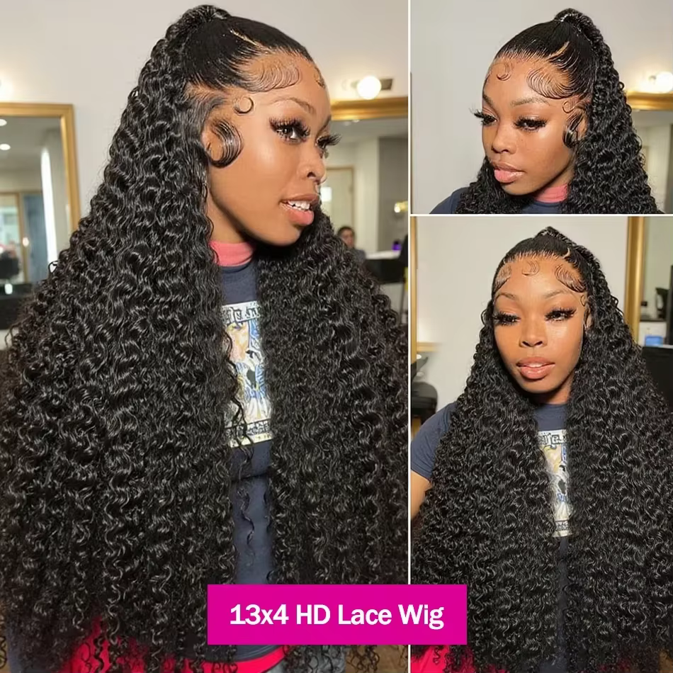 300 densité HD sans colle perruque bouclés cheveux humains vague profonde dentelle frontale