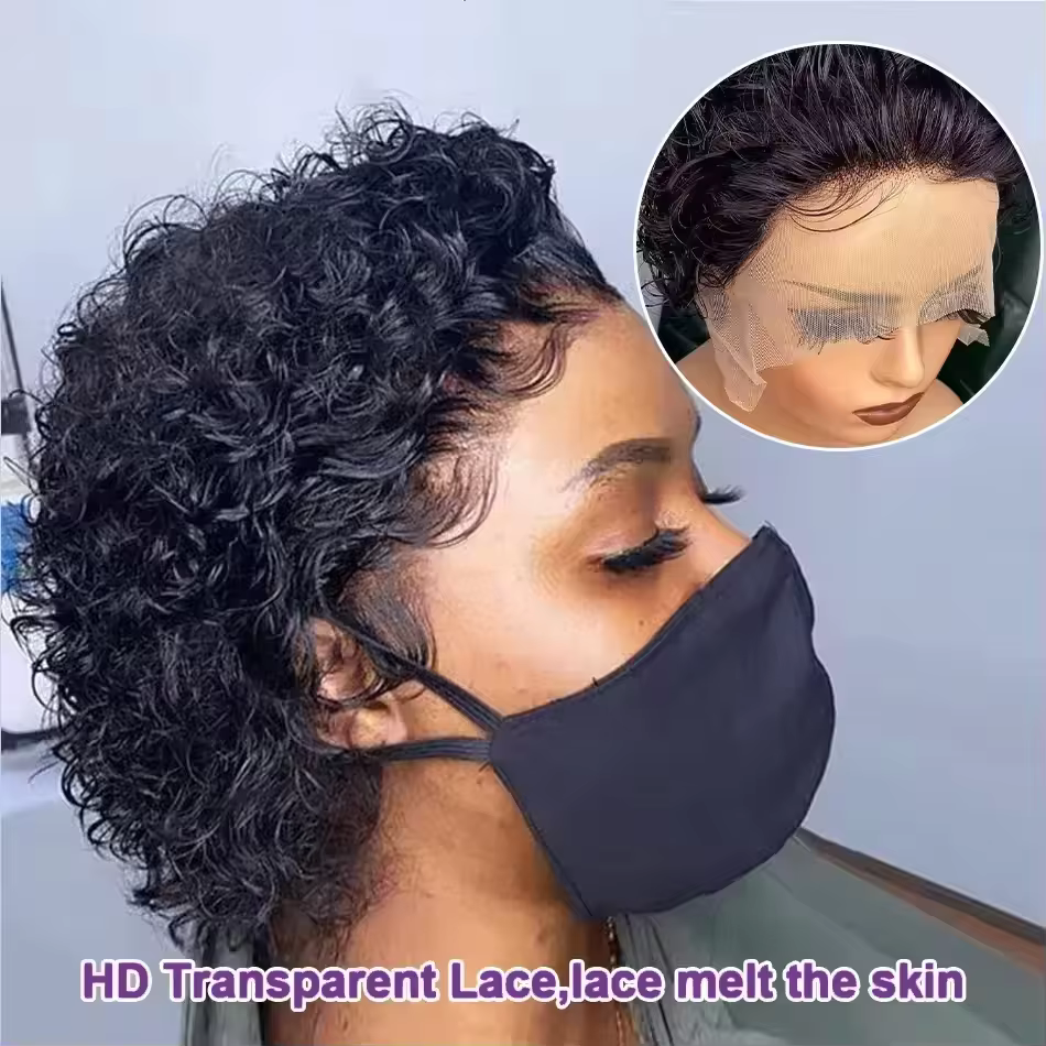 Perruque coupe lutin 13x1 perruques frontales en dentelle vague bouclée courte Bob