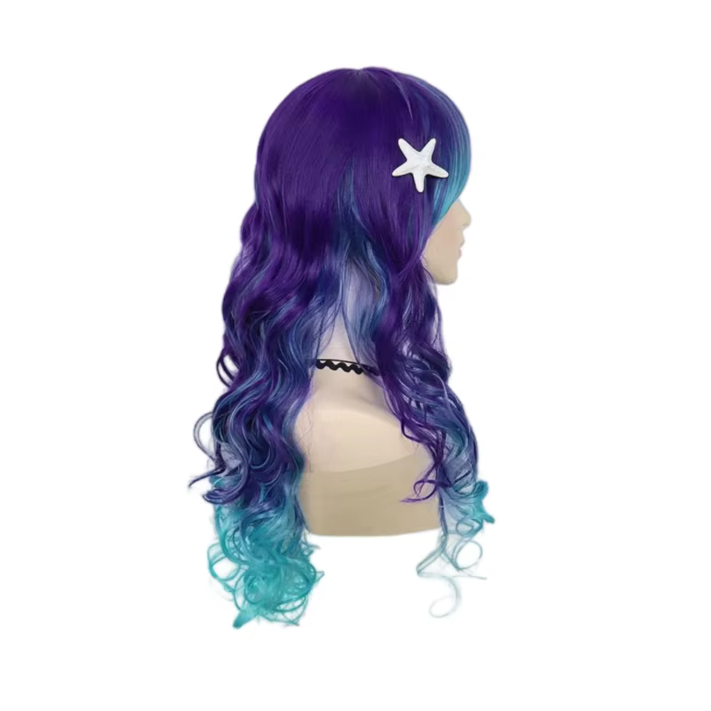 Perruque synthétique longue ondulée ombrée bleu-violet avec frange latérale et pince étoile de mer pour femme