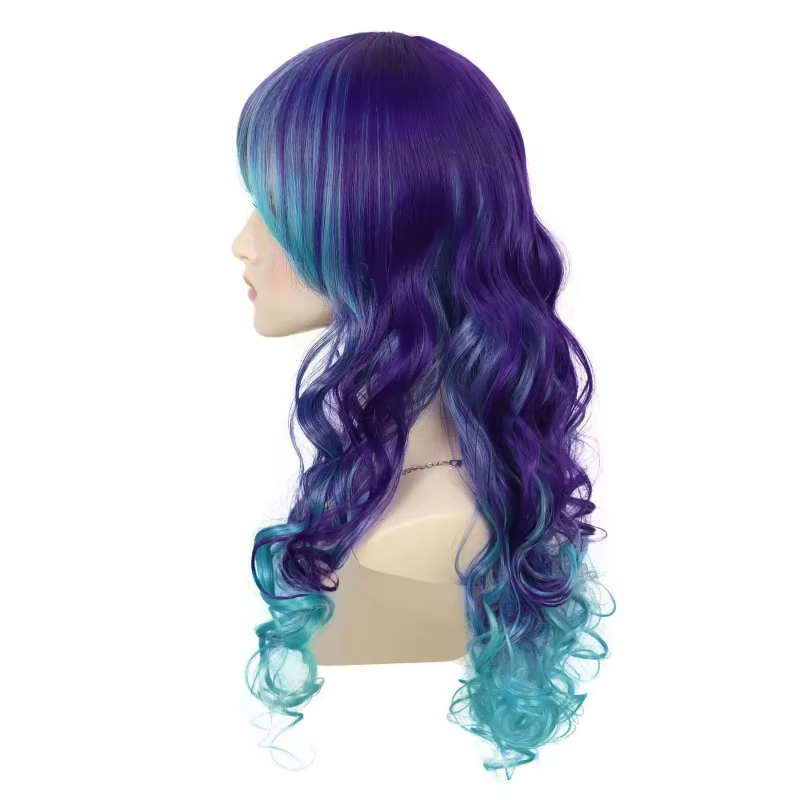 Perruque synthétique longue ondulée ombrée bleu-violet avec frange latérale et pince étoile de mer pour femme