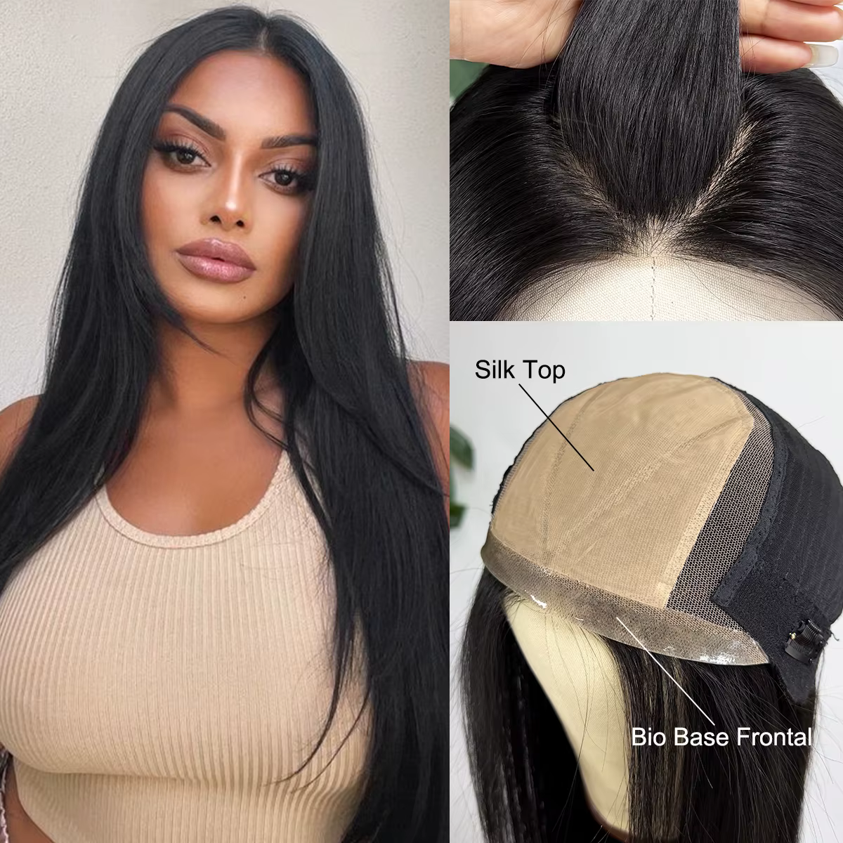 Perruque 100% Cheveux Humains Naturels avec Base en Soie et PU Bio
